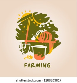 Freehand drawn vector logo with text Farming. Concept family farming, garden harvest, eco life. Template logotype for family rural house and farm business with garden accessory and pumpkin.