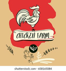 Freehand drawn vector logotype with hen, cock, chicken. Logo for home business store, market, shop with organic products from chicken meat and eggs. Poultry farm illustration.