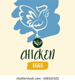 Freehand drawn vector logotype with hen, cock, chicken. Logo for home business store, market, shop with organic products from chicken meat and eggs. Poultry farm illustration.