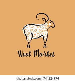 Freehand drawn vector template line image of goat with big horn. Silhouette animal on light background. Sketch illustration. Concept logo, poster, banner for wool market, shop, boutique. 