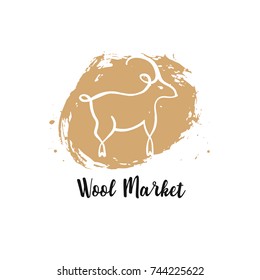 Freehand drawn vector template line image of goat with big horn. Silhouette animal on light background. Sketch illustration. Concept logo, poster, banner for wool market, shop, boutique. 