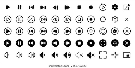 Freehand drawn video player icons. Media player vector icons collection. Set of video player icons. 