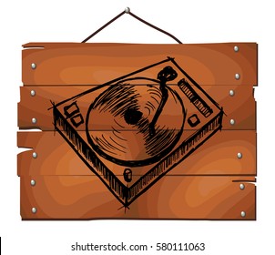 Freehand drawn vinyl on wooden plank background. Vector illustration.