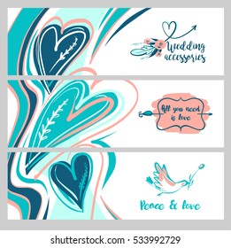 Freehand drawn web banner. Stylish illustration with vector flower design for greeting cards, valentines day, save date card. All you need is love. Image with bird and text peace. Wedding accessory