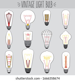 Freehand edison white vintage light bulbs vector Graphics. Electricity and science technology colored drawing. Retro energy invention sketch. Fun idea Illustration. Antique design clip Art.