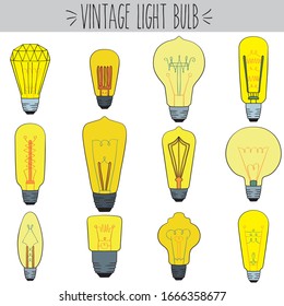 Freehand edison yellow vintage light bulbs vector Graphics. Electricity and science technology colored drawing. Retro energy invention sketch. Fun idea Illustration. Antique design clip Art.