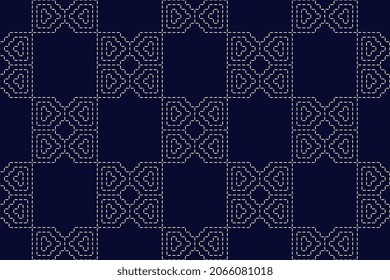 Motif de motif brodé à la main libre, arrière-plan géométrique kantha boro, style ethnique, mini-ligne de couture. Concept de simplicité conception artistique design broderie jeans en tissu de denim, sacs. Écart textile sur tout le bloc d'impression.
