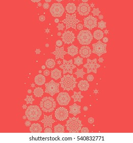 Freehand ethnic Xmas sketch. New Year 2017 collection. Ornamental artistic vector illustration in pink colors for Merry christmas cards. Pink snowflakes seamless pattern in abstract style.