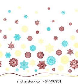 Freehand ethnic Xmas sketch. New Year 2017 sketch. Ornamental artistic vector illustration in multicolors for Merry christmas cards. Yellow, red and blue snowflakes seamless pattern in abstract style.
