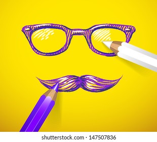 Freehand eyeglasses and mustache drawn with pencil - vector illustration.