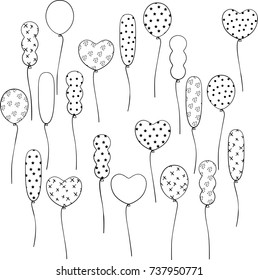 Freehand floating birthday balloon with string celebration illustration, Black and White outline festive party decoration drawing, blank and star sparkles, polka dots texture, Long, heart, round shape