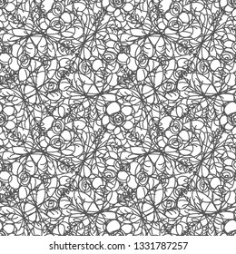 Freehand floral pattern, line, meadow, nature, seamless vector background.