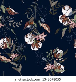 Flores de mano libre algodón sin fisuras con plantas silvestres. Fondo botánico. Ilustración vectorial dibujada a mano