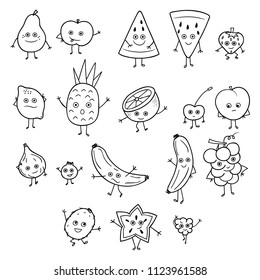 Freehand fruit character sketch, Black & white outline apple, pineapple, banana, grapes, strawberry, blueberry, orange, lemon, pear, star, kiwi, peach, grapefruit, cherry, fig, watermelon & raspberry