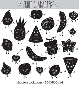 Freehand fruit character sketch, Black shape apple, pineapple, banana, grapes, strawberry, blueberry, orange, lemon, pear, star, kiwi, peach, grapefruit, cherry, fig, watermelon & raspberry
