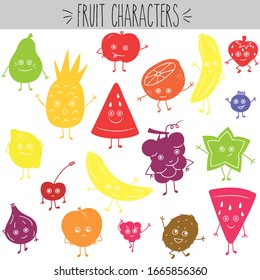 Freehand fruit character sketch, Colored shape apple, pineapple, banana, grapes, strawberry, blueberry, orange, lemon, pear, star, kiwi, peach, grapefruit, cherry, fig, watermelon & raspberry