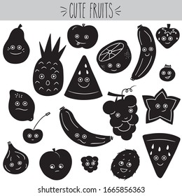 Freehand fruit with cute face sketch, Black shape apple, pineapple, banana, grapes, strawberry, blueberry, orange, lemon, pear, star, kiwi, peach, grapefruit, cherry, fig, watermelon and raspberry