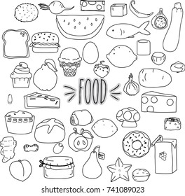 Freehand fruit and vegetable black outline, Breakfast food, bread, cheese, egg and  jam sketch, Dessert, cupcake, ice cream and donuts drawing, Cheese burger, Fish sushi, Zucchini pasta and nuts meal