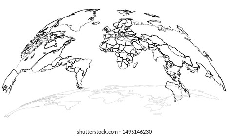 Freehand Globe Map Outline Isolated on White Background with Shadow. Pencil Scetch. Vector Illustration