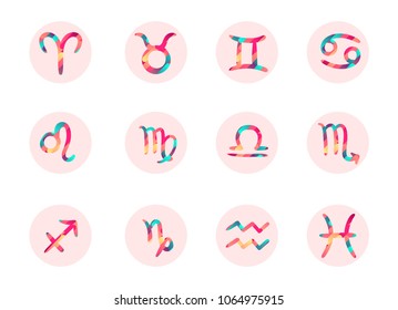 Freehand gradient shapes zodiac signs isolated on pink circles