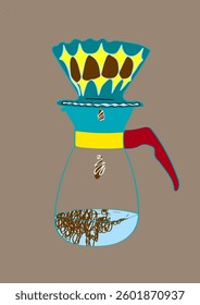 A freehand graphic illustration of essential coffee and tea equipment in a cozy style.