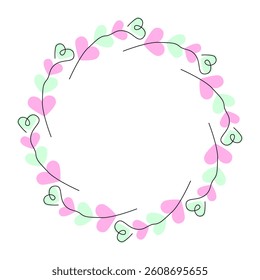 Freehand green and pink hearts Abstract Hearts shape Twigs Circular Frame border Copy space Template