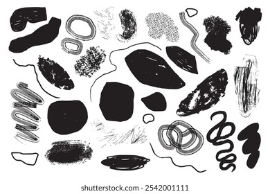 Freehand grunge doodles and scribbles collection. Set of hand drawn black ink lines, squiggles, smears, rough strokes, blobs, geometric shapes. Distressed modern abstract isolated vector elements 