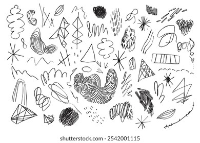 Freehand grunge doodles and scribbles collection. Set of hand drawn black ink or pen lines, squiggles, smears, rough strokes, geometric shapes. Distressed modern abstract isolated vector elements