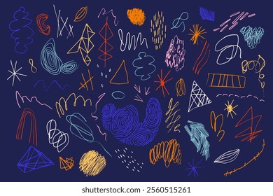 Freehand grunge doodles and scribbles collection. Set of contemporary art hand drawn colorful lines, squiggles, smears, rough strokes, geometric elements. Distressed modern abstract isolated vector