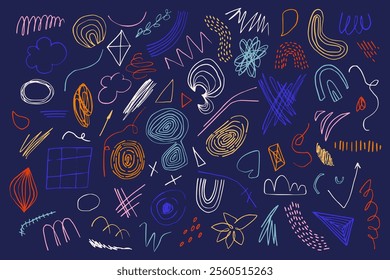 Freehand grunge doodles and scribbles collection. Set of contemporary art hand drawn colorful lines, squiggles, smears, rough strokes, geometric elements. Distressed modern abstract isolated vector