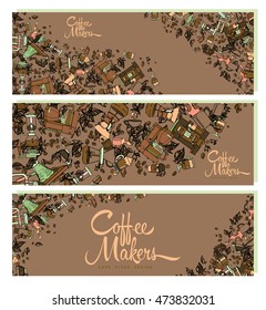 Freehand hand drawn cartoon coffee set, flat coffee shop, cafe menu. Classic and alternative methods of brewing coffee. Coffee makers, espresso coffee machines, coffee cups.