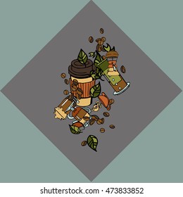 Freehand hand drawn cartoon coffee set, flat coffee shop, cafe menu. Classic and alternative methods of brewing coffee. Coffee makers, espresso coffee machines, coffee cups.