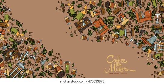 Freehand hand drawn cartoon coffee set, flat coffee shop, cafe menu. Classic and alternative methods of brewing coffee. Coffee makers, espresso coffee machines, coffee cups.
