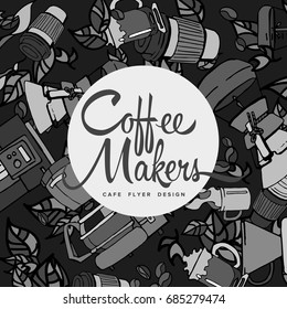 Freehand hand drawn cartoon coffee set, flat coffee shop, cafe menu. Classic and alternative methods of brewing coffee. Coffee makers, espresso machines, cups.