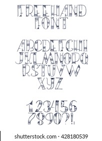 Freehand hand drawn font with english letters from a to z, numbers from 0 to 9. Alphabet sequence drawn with dots, strokes and lines in freehand style. Vector isolated illustration, isolated on white