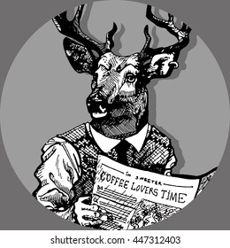 Freehand hand drawn ink hipster man with deer head and newspaper in hands. Deer man sit on toilet and read newspaper with coffee text. Stamp for man toilet door sign