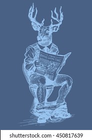 Freehand hand drawn ink hipster man with deer head and newspaper in hands. Deer man sit on toilet and read newspaper with coffee text. Stamp for man toilet door sign