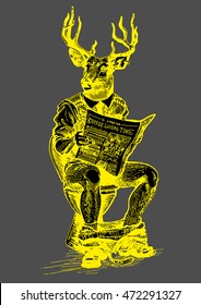 Freehand hand drawn ink hipster man with deer head and newspaper in hands. Deer man sit on toilet and read newspaper with coffee text. Stamp for man toilet door sign