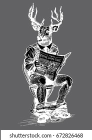 Freehand hand drawn ink hipster man with deer head and newspaper in hands. Deer man sit on toilet and read newspaper with coffee text. Stamp for man toilet door sign