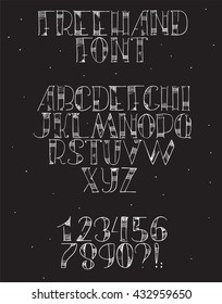 Freehand hand drawn white font with english letters from a to z, numbers from 0 to 9. Alphabet sequence drawn with dots, strokes and lines in freehand style. Vector illustration, isolated on black