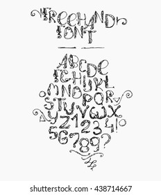 Freehand handdrawn alphabet, isolated on white background. Font letters drawn with brush and imperfections, every letter and digit has its own style. Funky sequence from letter A to Z and digit 0 to 9