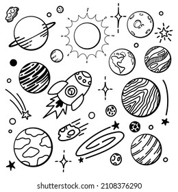 Freehand Handdrawn Planet And Space Doodle Elements Set Pack. Premium Vector.