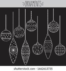 Freehand hanging Christmas ornaments, White outline retro texture pattern tree balls decoration illustration, Beautiful vintage Holiday season decor sketch, Greeting card elements, Round & long shape