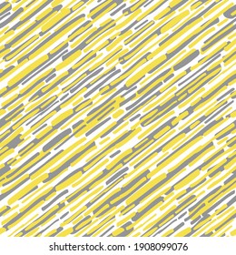 Freehand hatched texture. Seamless abstract pattern. Trendy color background. Ultimate Gray and Illuminating - colors of the year 2021. Pantone 17-5104 and 13-0647. 