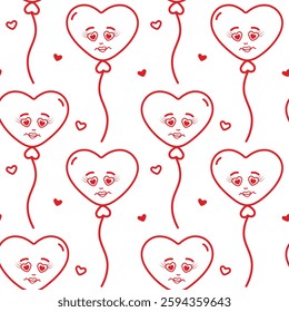 Freehand Heart shape balloons on string and decorative hearts Seamless Pattern Minimalist Background