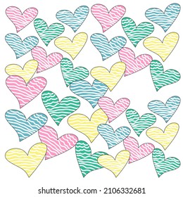 Freehand hearts drawing pattern in four color hearts cartoon vector for valentine 