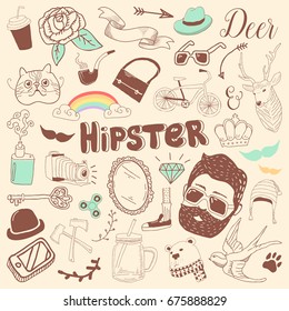 Freehand Hipster Elements Set. Hand Drawn Vintage Fashion Doodle. Vector illustration