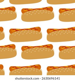 Freehand Hot Dog with mustard and ketchup Seamless Pattern Fast food or BBQ Background Texture idea