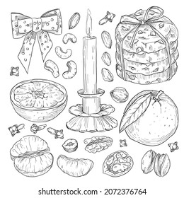 Freehand hristmas elements, sweets and holiday attributes on white background