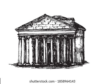 freehand illustration of the Pantheon of Rome. Sketch isolated on white background.